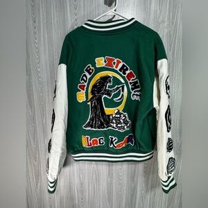 Black Air Varsity Bomber Moto Jacket Skulls Patches Green‎ Read